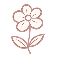 A simple cartoon flower with pink petals, a round pink center, and green leaves and stem, set against a yellow background.