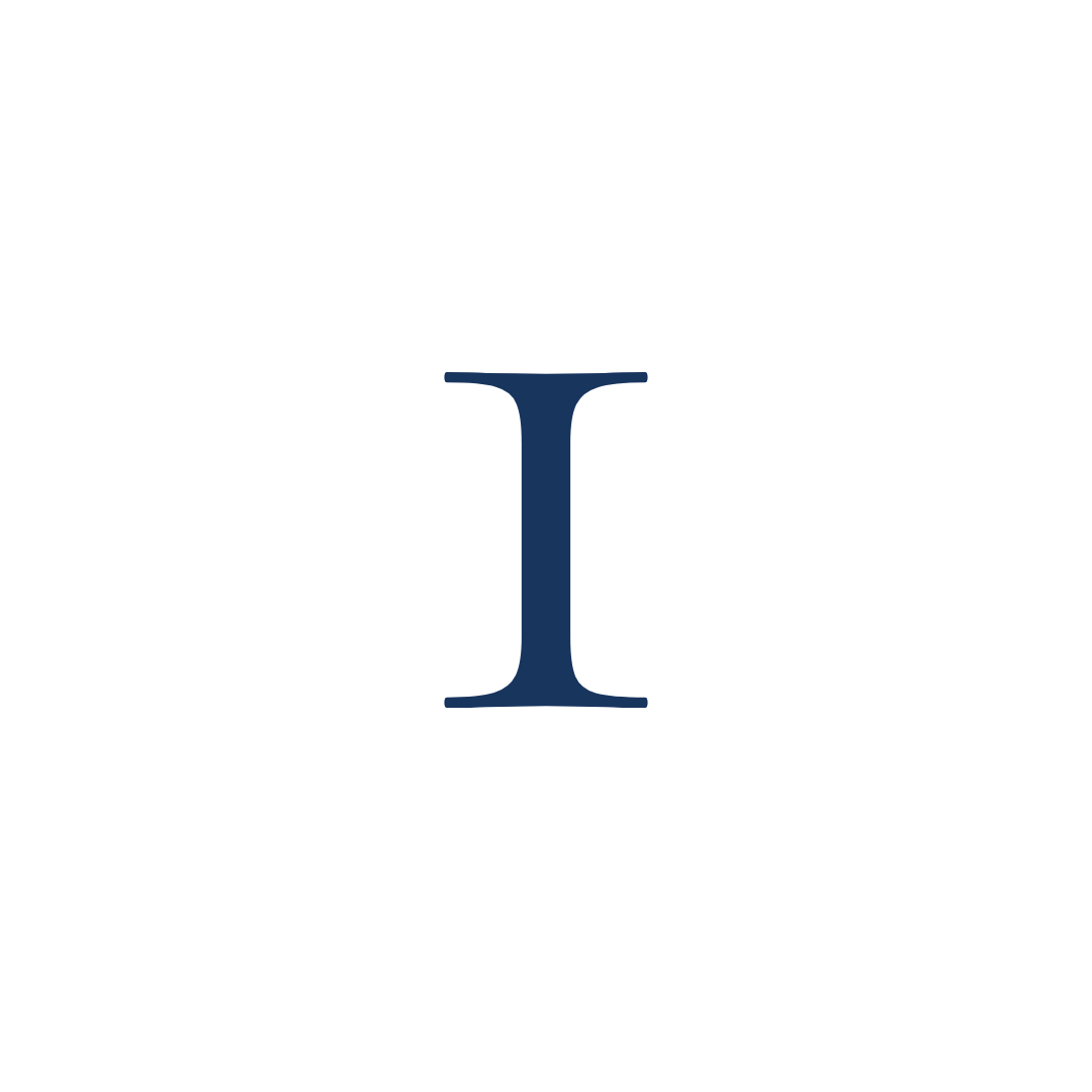 Letter I in navy blue on white circular background