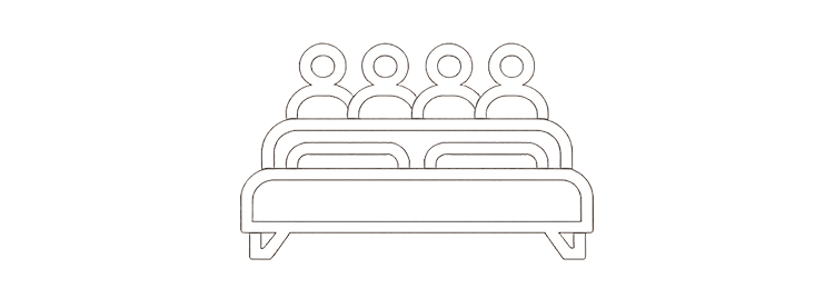 A lineup of five identical humanoid icons sitting behind a long counter, representing a group of people or characters.