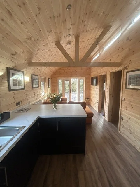Interior of a wooden cabin with a kitchen and living area, wood-paneled walls and ceiling, a white countertop with a sink, framed pictures on the walls, a sofa, and large glass doors leading outside.