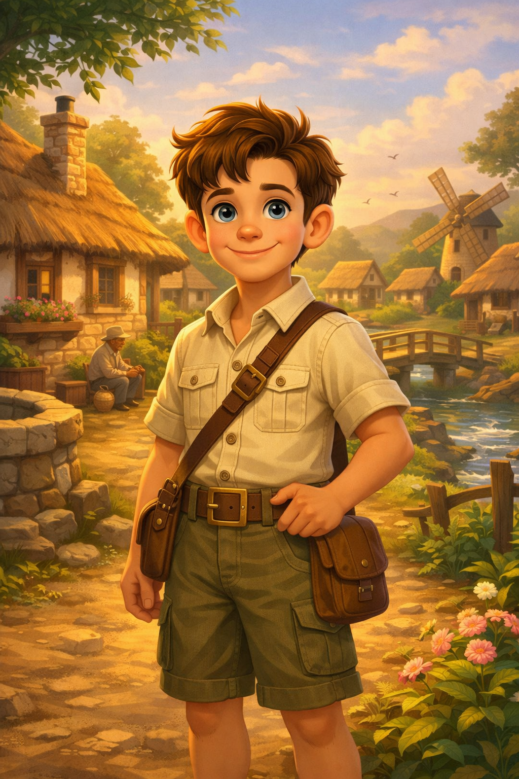 A young boy with brown hair and blue eyes wearing a beige shirt and green shorts, standing outdoors in a scenic village with thatched-roof houses, a stone bridge, a watermill, and an elderly man sitting on a rock.