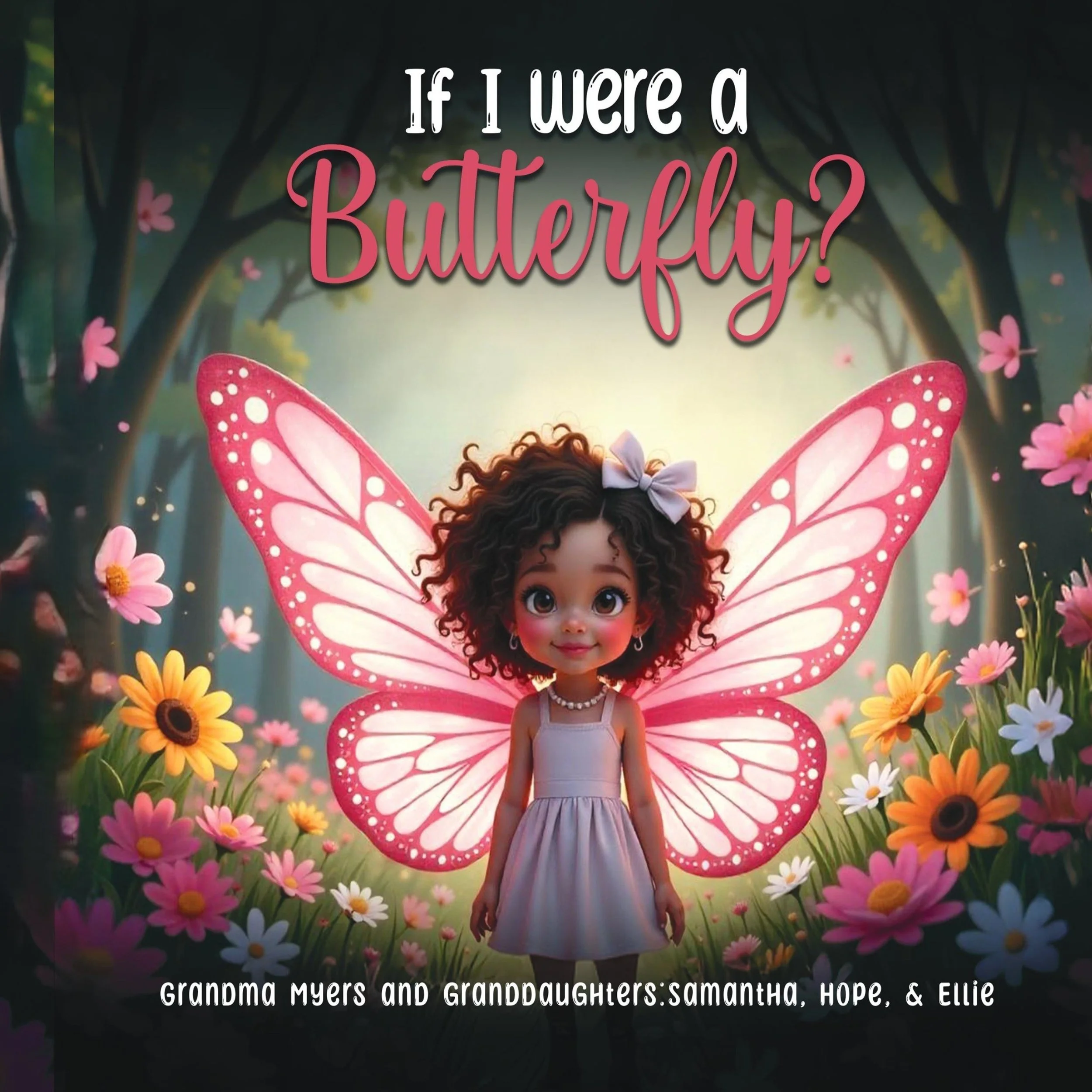 A young girl with butterfly wings standing in a colorful garden with flowers and trees, with a caption containing a quote about grandmothers and granddaughters.