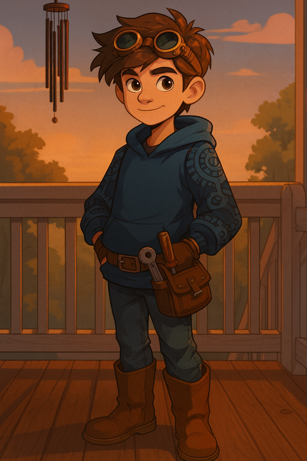 A young boy with brown hair, wearing goggles on his head, a blue hoodie, gloves, gray pants, and brown boots, standing on a wooden porch at sunset with a peaceful background of trees and clouds.
