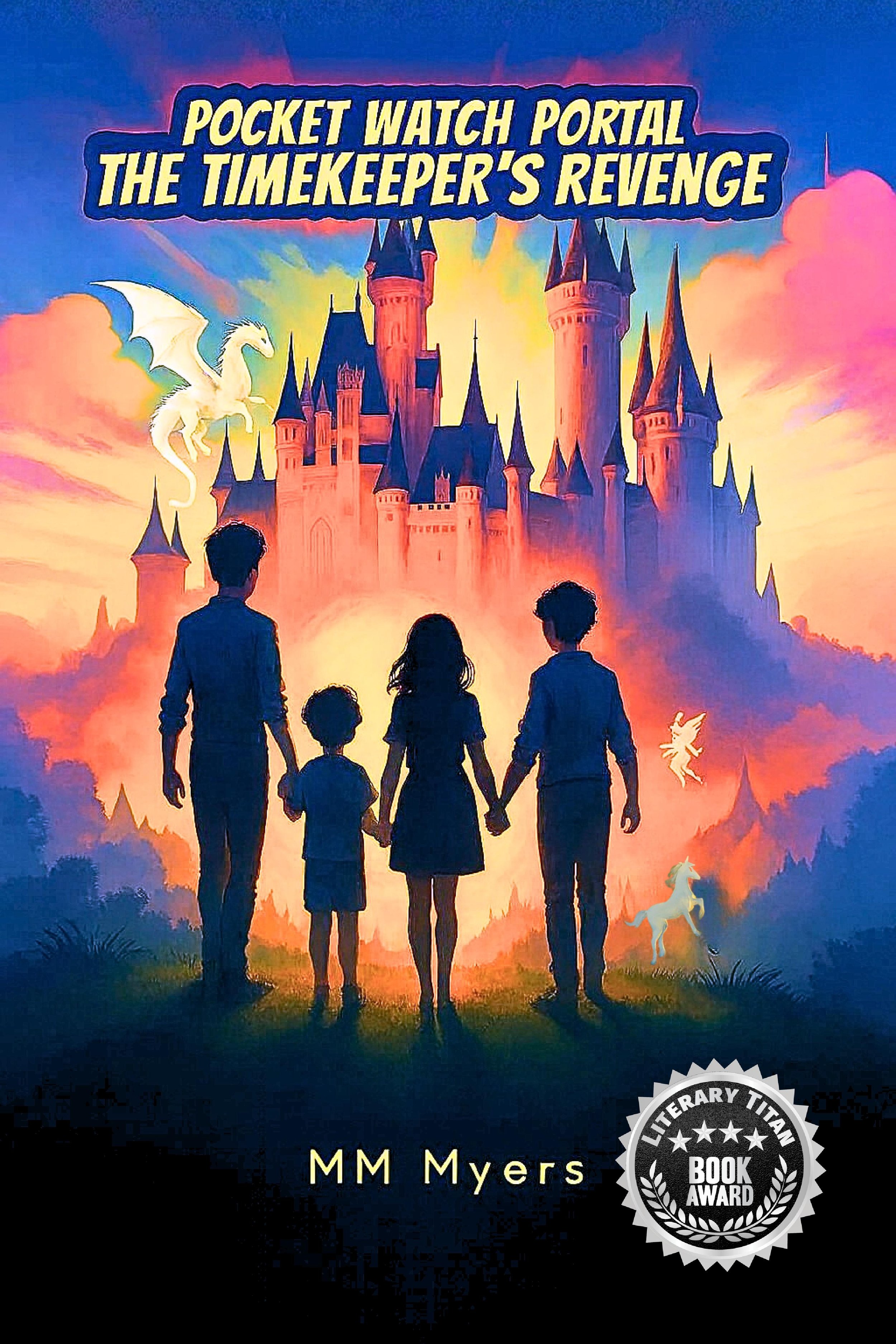 The image features a colorful illustration of a castle with multiple spires in the background, set against a sky with soft pastel colors. In the foreground, a silhouette of a family of five holding hands is seen, with two fairy-like creatures, a dragon, and a unicorn. The text at the top reads "Pocket Watch Portal: The Timekeeper's Revenge," and at the bottom, the author's name "MM Myers" and an award badge for literary titan book award are visible.