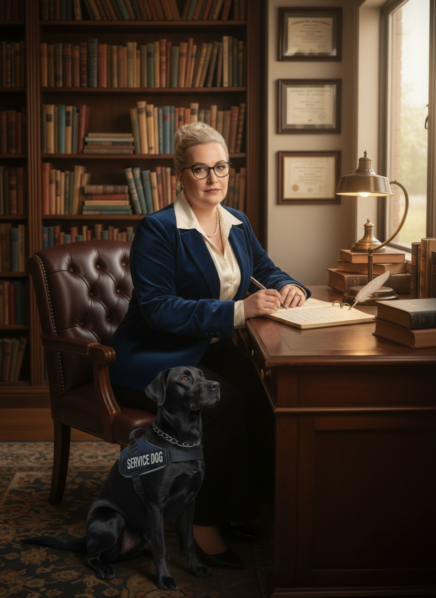 A woman wearing glasses and a pearl necklace is sitting at a wooden desk with a notebook and feather quill, inside a cozy library filled with books and framed certificates. Next to her, a black service dog is sitting on the floor, wearing a harness that says 'Service Dog'. The scene is lit by natural light coming through a window.