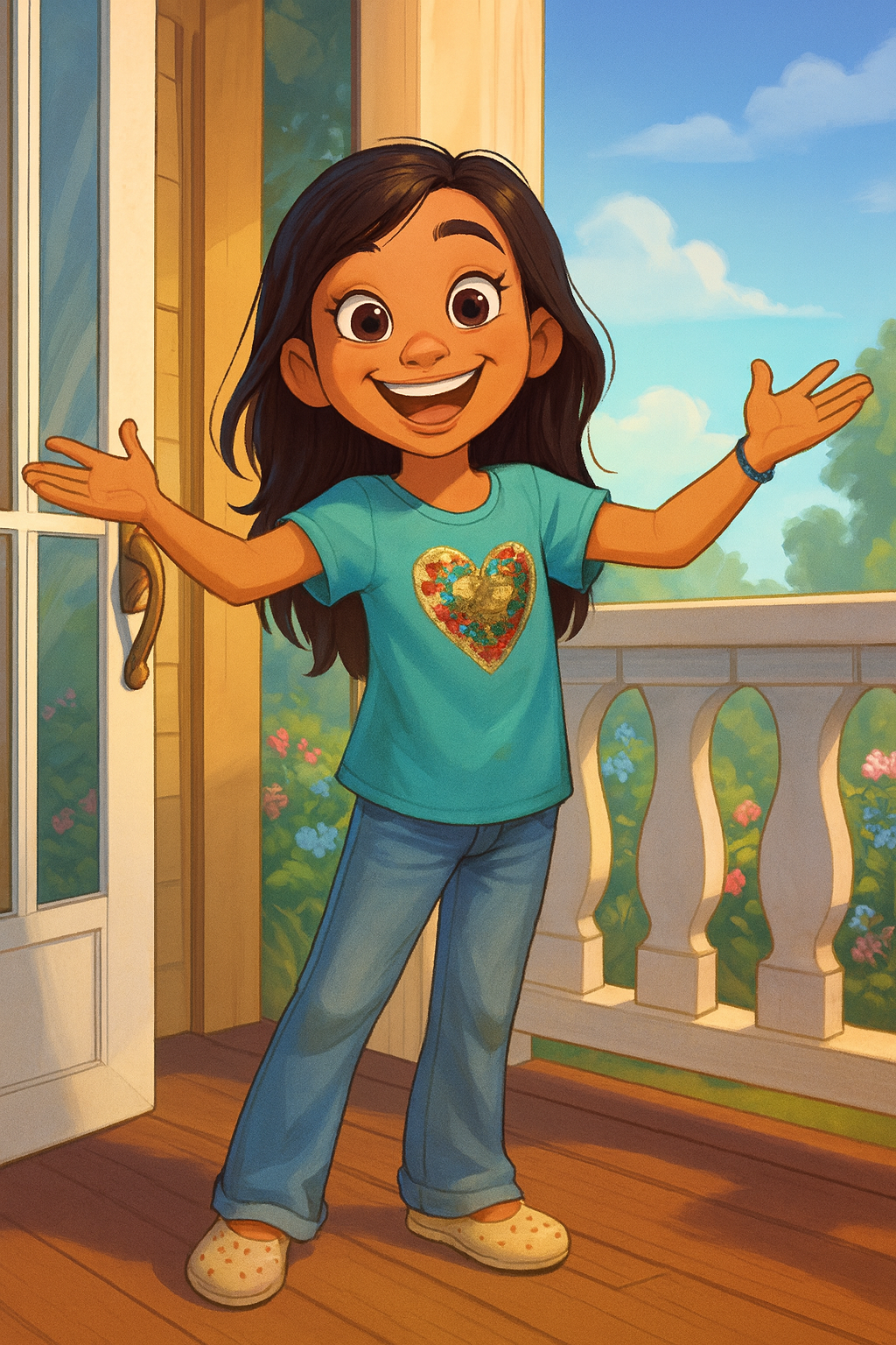 A young girl with long dark hair, smiling with her arms open, standing on a porch with a door and railing in the background, and blue sky with clouds and trees in the distance.