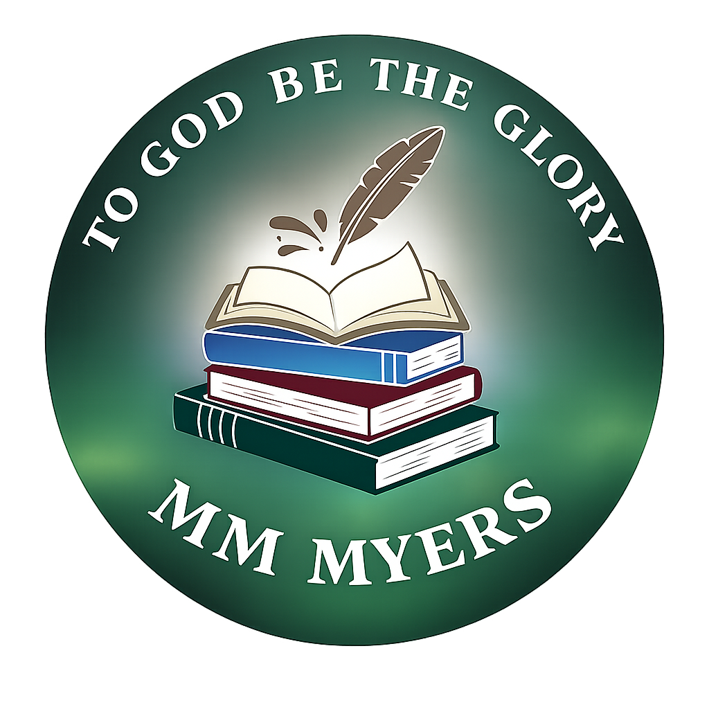 A circular logo with a dark green background featuring a stack of four books with an open book on top and a quill pen above it. The text around the circle reads, 'TO GOD BE THE GLORY' at the top and 'MM MYERS' at the bottom.