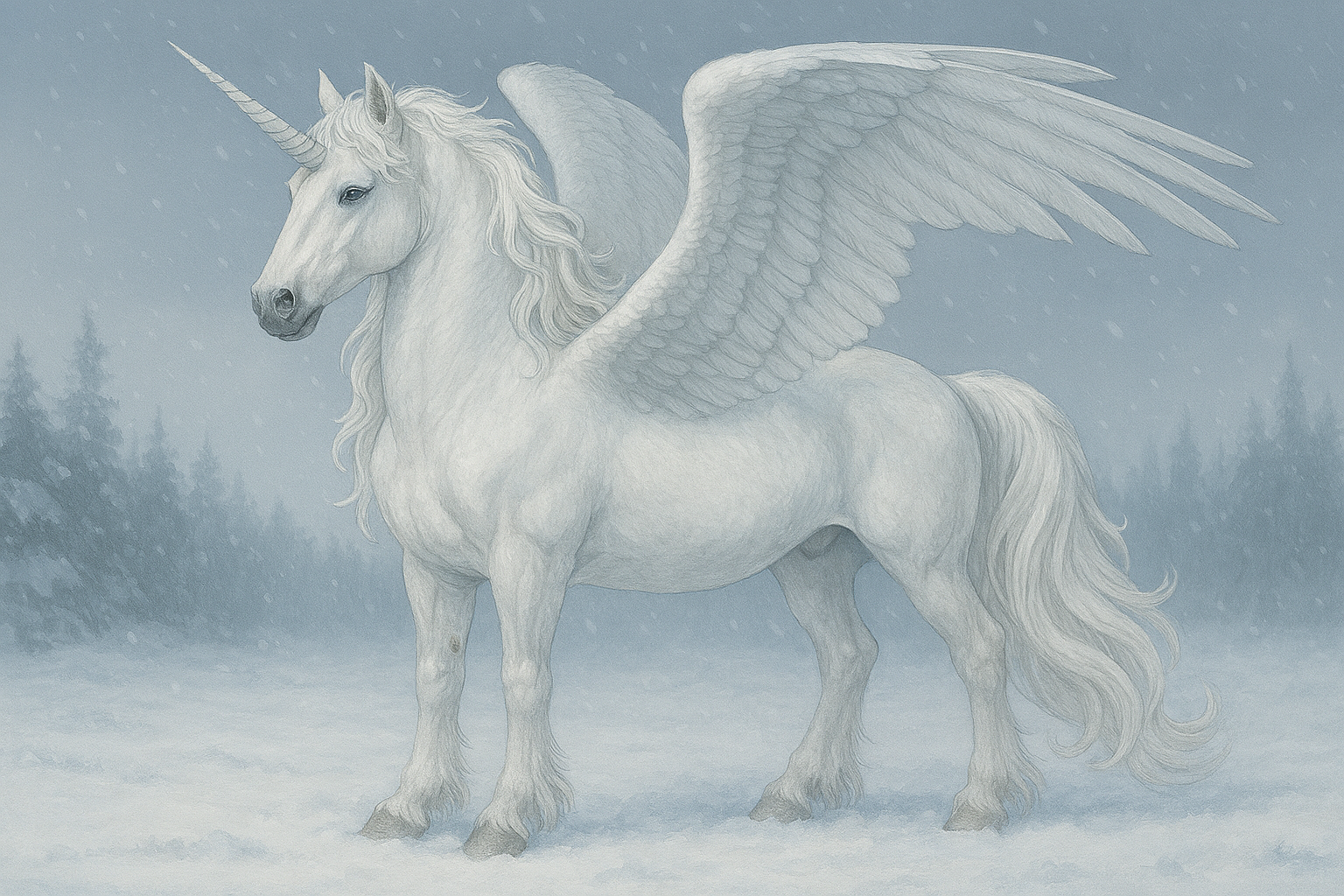 A mythical creature resembling a white unicorn with large wings stands in a snowy winter landscape, with snow falling around it.