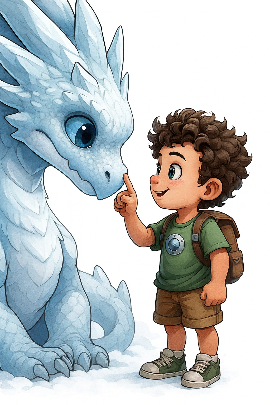 A cartoon boy with curly brown hair touching a friendly blue and white dragon's nose.