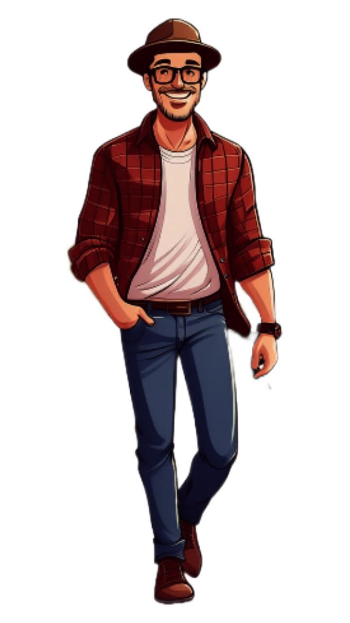 A cartoon illustration of a man wearing a brown hat, glasses, a red plaid shirt over a white t-shirt, dark jeans, and brown shoes, walking with his left hand in his pocket.