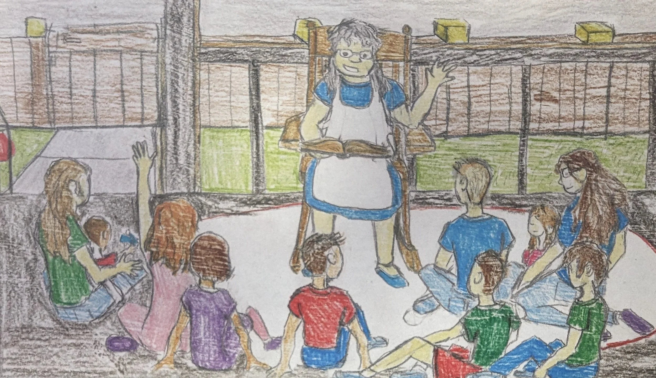 A colorful drawing of a woman in an apron standing and reading a book to a group of children seated on the floor, with a wooden fence and trees outside the window in the background.