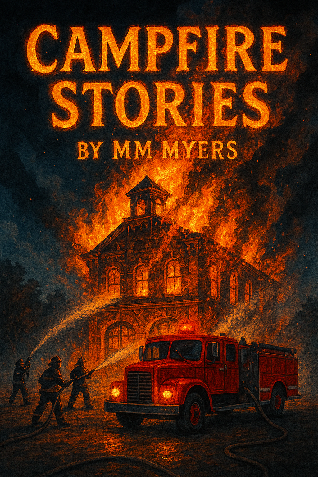 Book cover art for 'Campfire Stories' by MM Myers, depicting a house on fire with flames and smoke rising, a fire truck in the foreground, and firefighters spraying water on the fire.