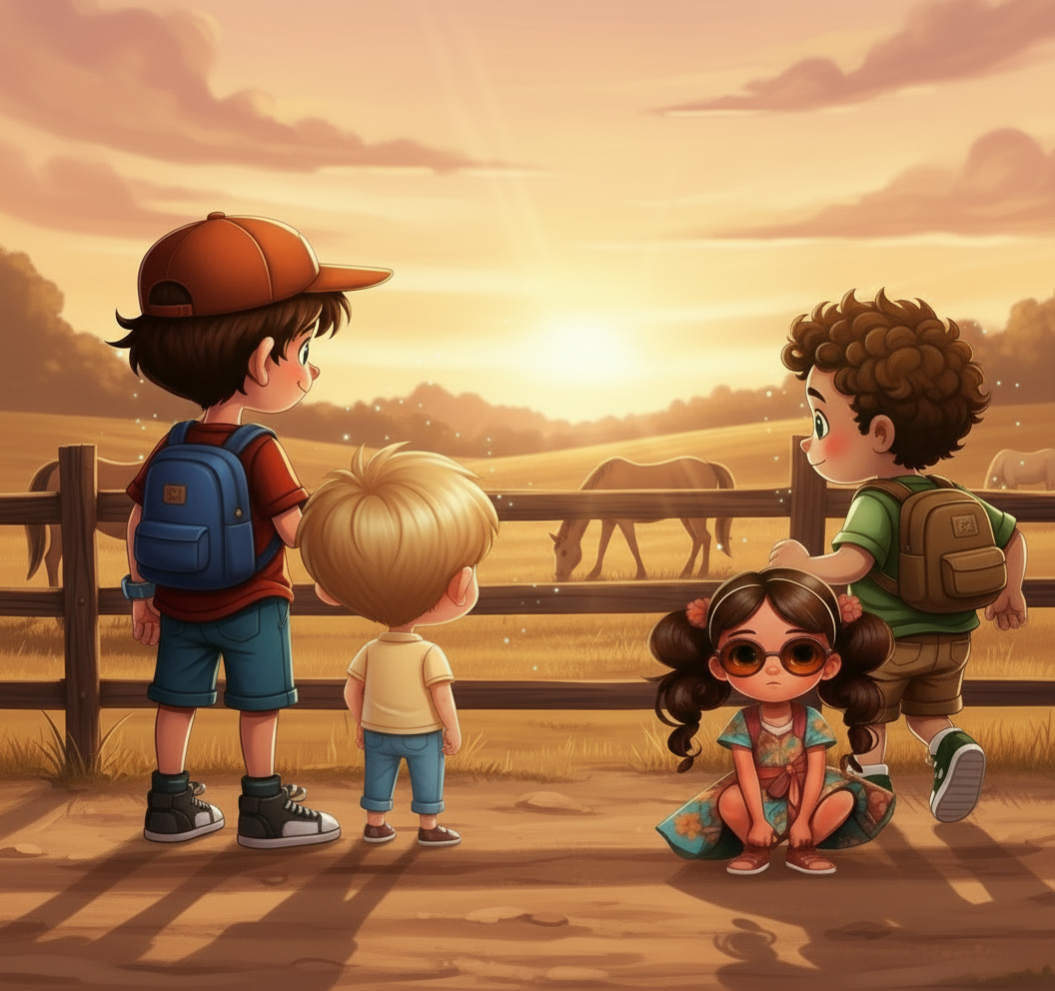 Four children with backpacks looking at a sunset over a fenced field with horses, one girl sitting on the ground wearing sunglasses and a colorful dress.