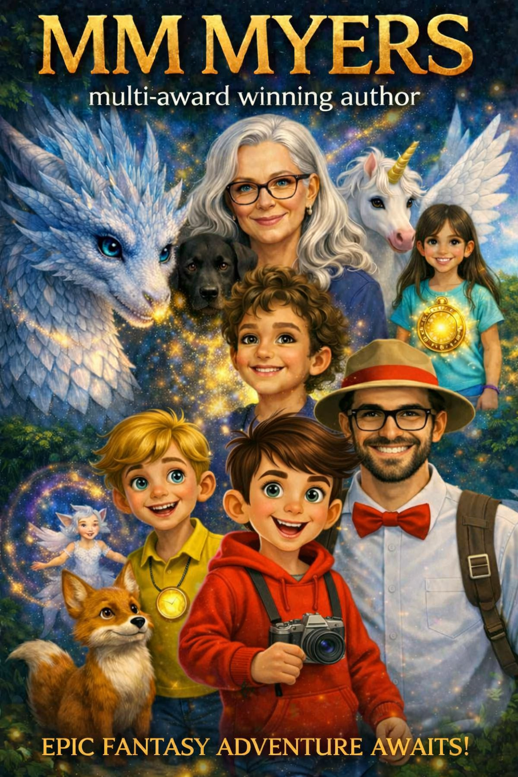 Colorful fantasy book cover featuring a group of diverse characters, including children, a woman with silver hair and glasses, a man with a hat and glasses, magical creatures like a dragon, unicorn, and fairy, with glowing lights and magical effects, and the words 'MM MYERS multi-award winning author' and 'EPIC FANTASY ADVENTURE AWAITS!'