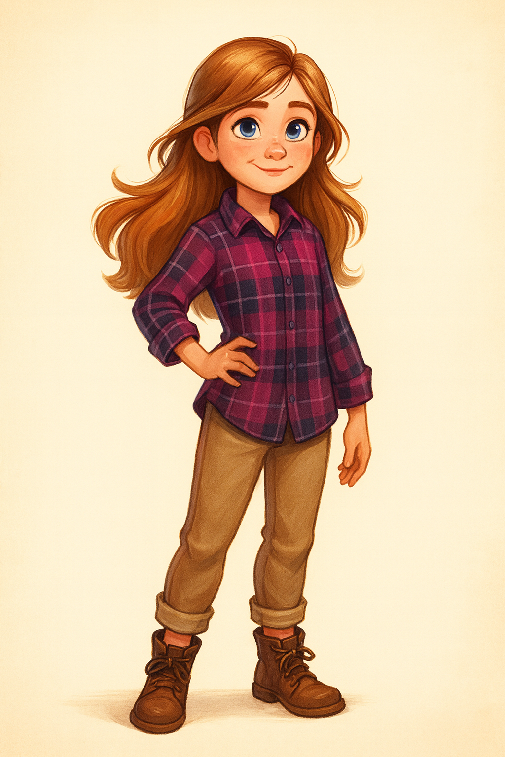 An animated girl with long, wavy orange hair, blue eyes, and fair skin, standing with one hand on her hip and smiling, wearing a purple plaid shirt, khaki pants, and brown boots.