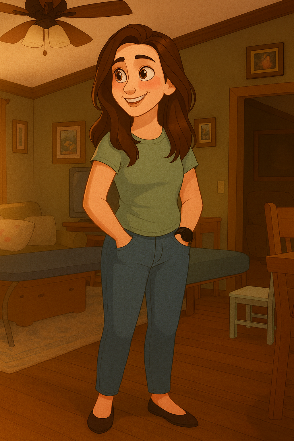 An animated woman with long brown hair, wearing a green t-shirt and jeans, standing in a warmly lit living room with her hands in her pockets and smiling.