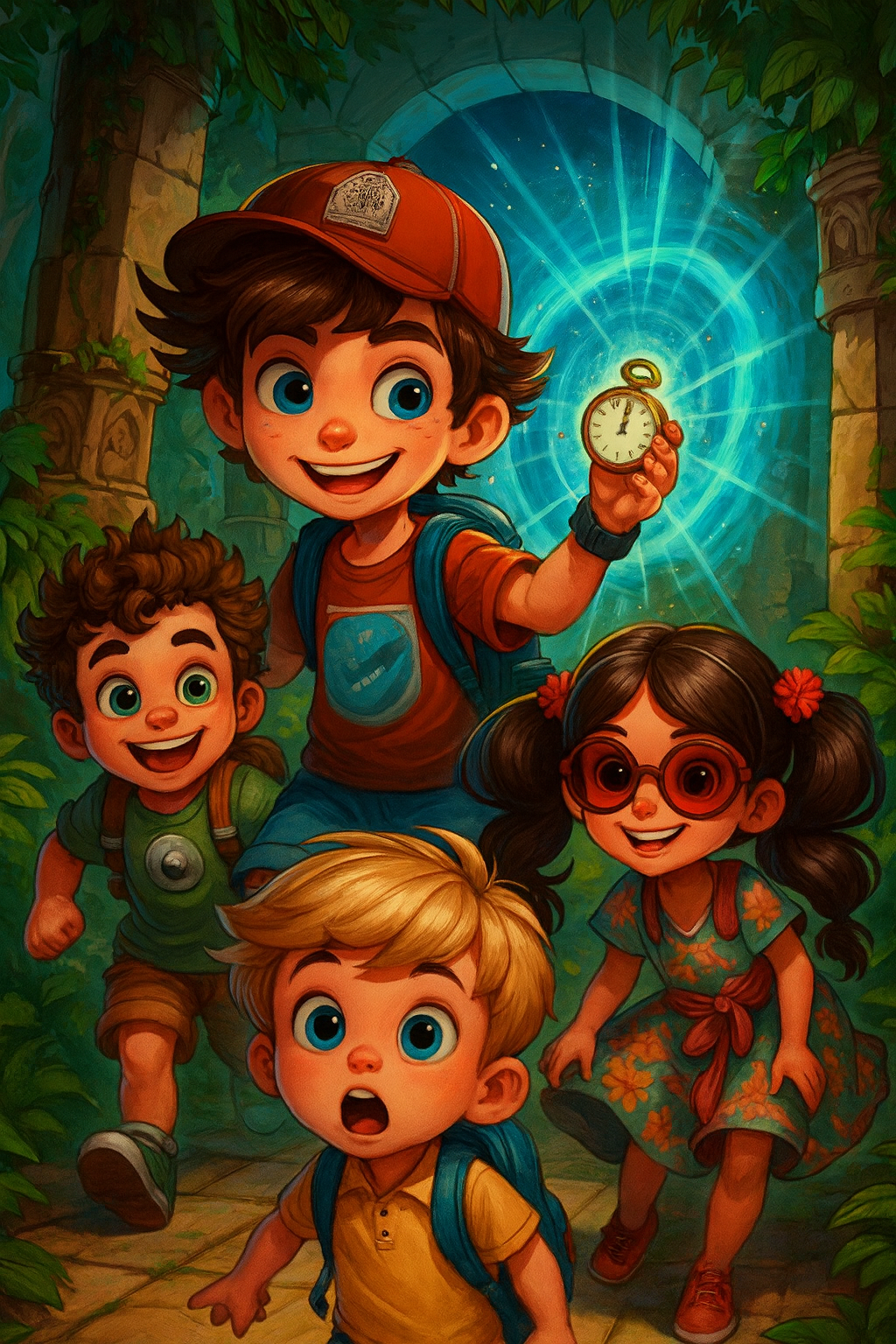 Children explorer group in a lush jungle with ancient ruins in the background, holding a pocket watch with a glowing blue portal.