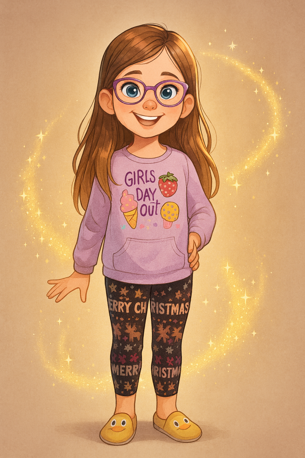 A cartoon girl with brown hair, wearing purple glasses, a pink sweatshirt that says "Girls Day Out" with ice cream and strawberry graphics, festive black leggings with Christmas-themed patterns, and yellow slippers with duck faces, surrounded by a glowing yellow circle with stars.