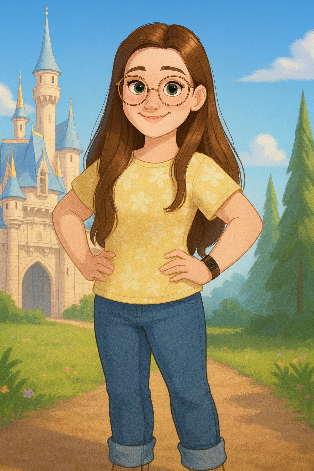 Animated girl with long brown hair, glasses, yellow floral t-shirt, jeans, standing confidently in front of a castle and trees in a fairytale setting.