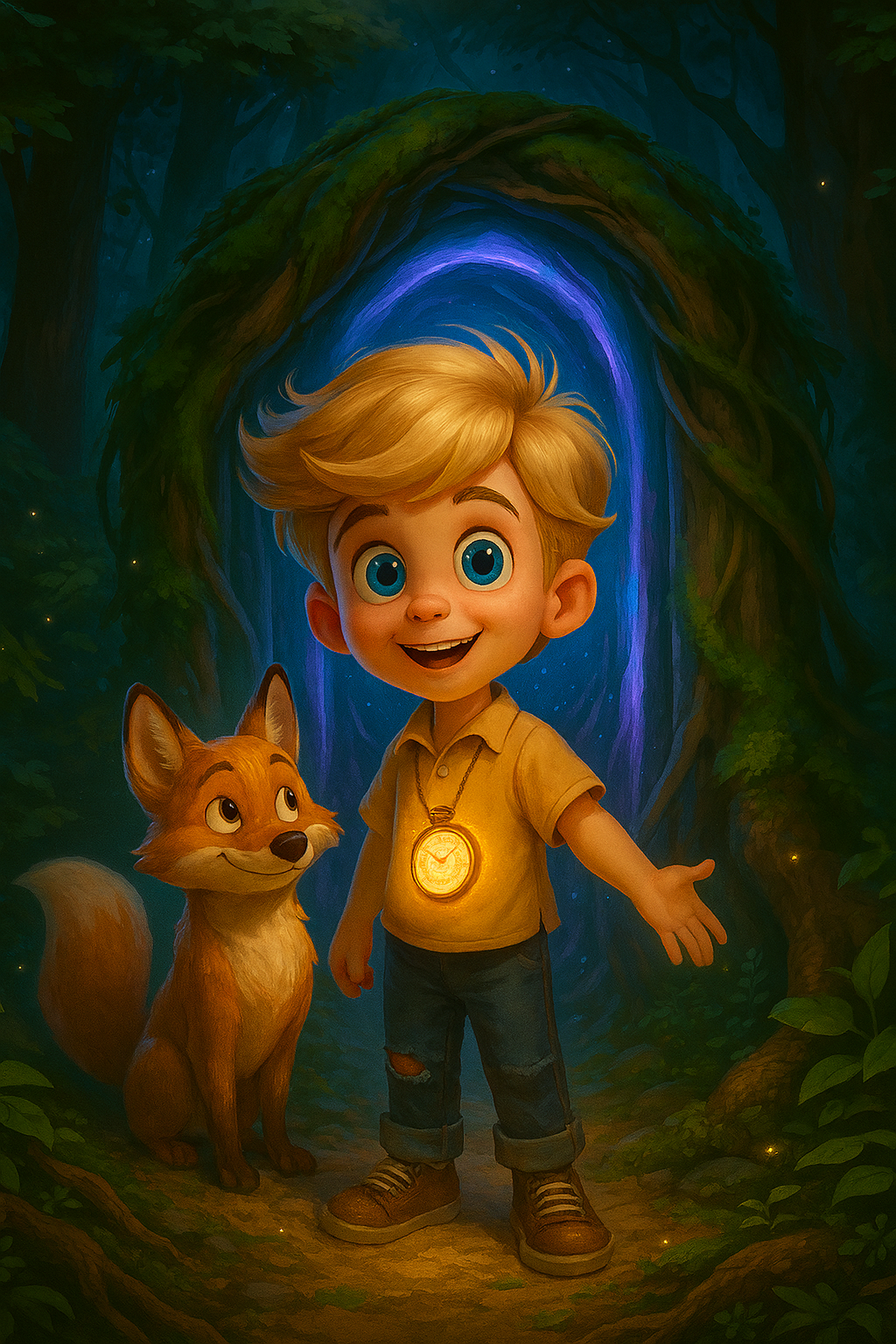 Animated boy with blonde hair and blue eyes standing in a magical forest with a glowing necklace, alongside a sitting fox, in front of a glowing blue portal surrounded by trees and foliage.