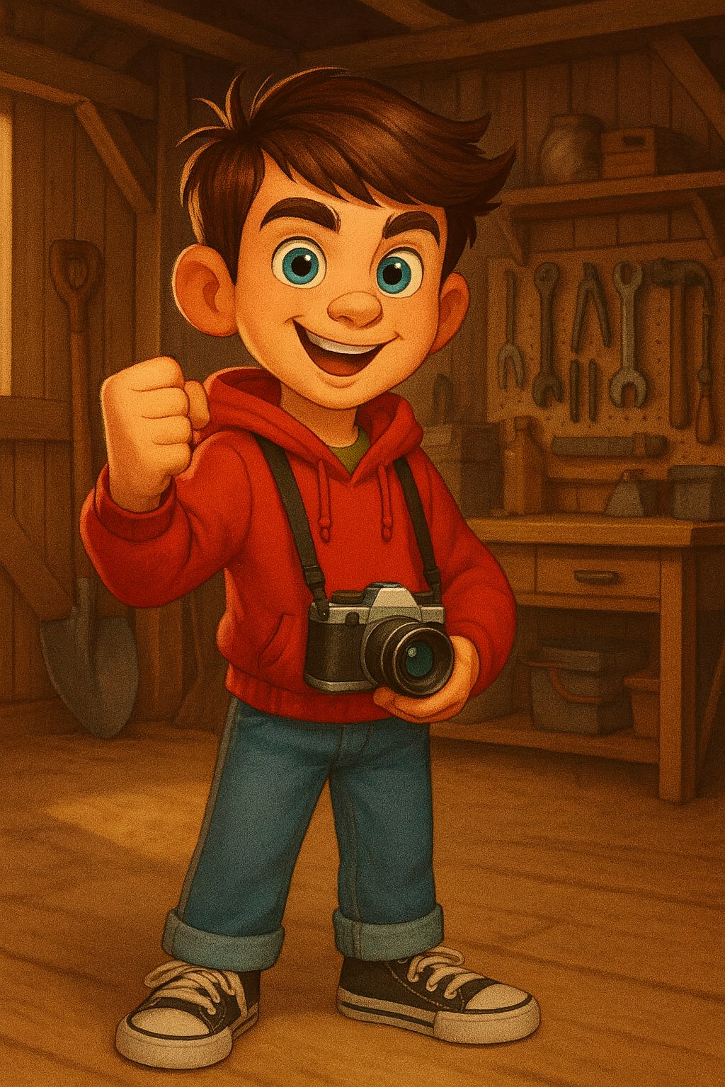A cartoon boy with brown hair, blue eyes, and a big smile, wearing a red hoodie and jeans, holding a camera, standing inside a woodworking workshop.