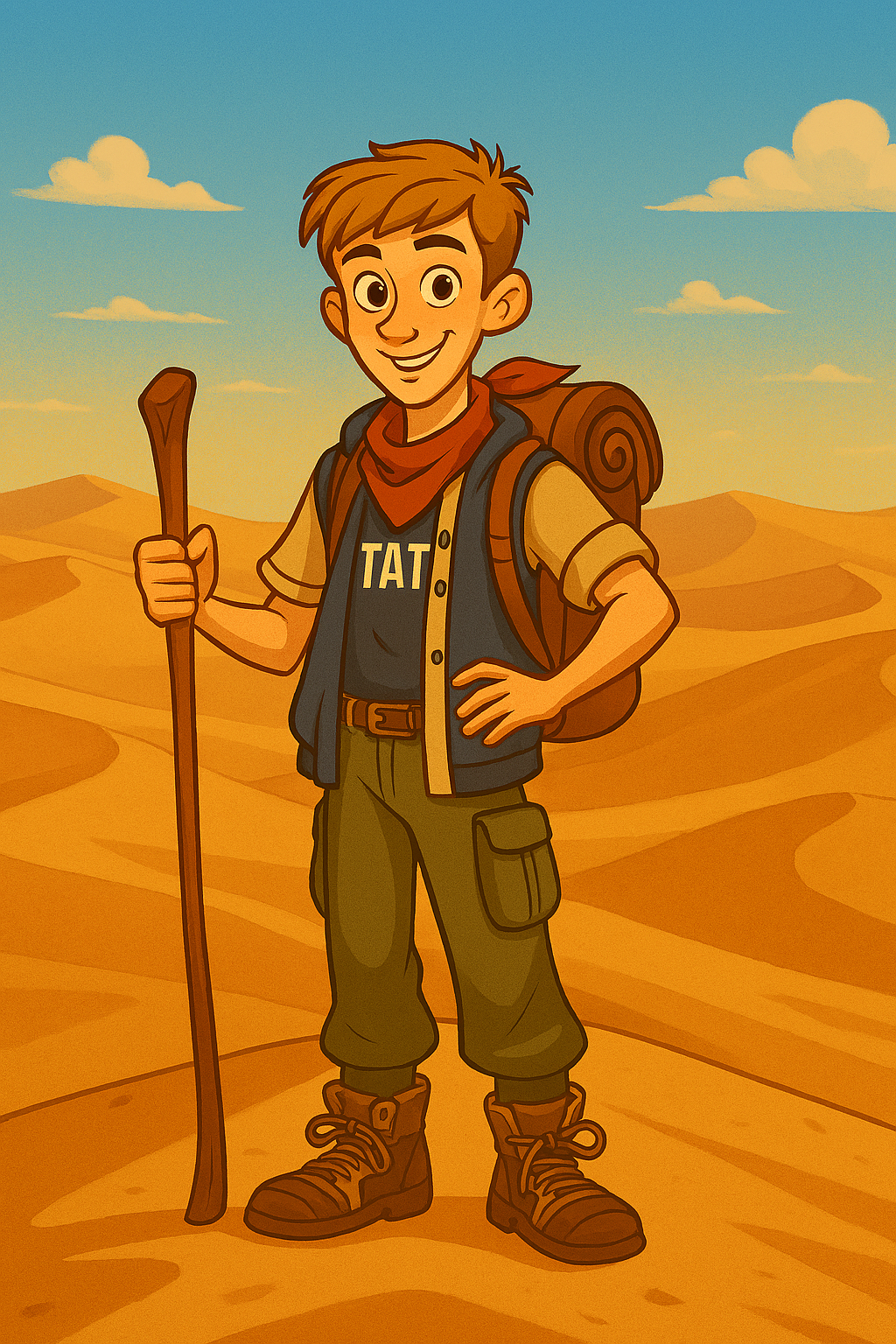 A cartoon young man with brown hair standing in a desert landscape, holding a walking stick, wearing hiking gear, and smiling.