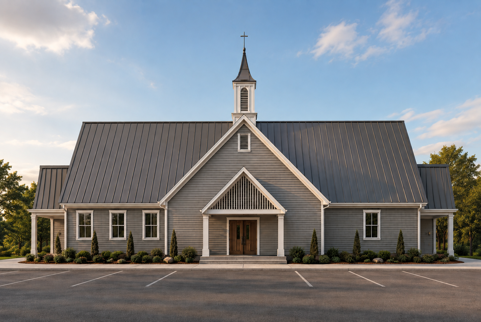 A church with a gray exterior, steep roof, and a small steeple topped with a cross, set against a blue sky with clouds.