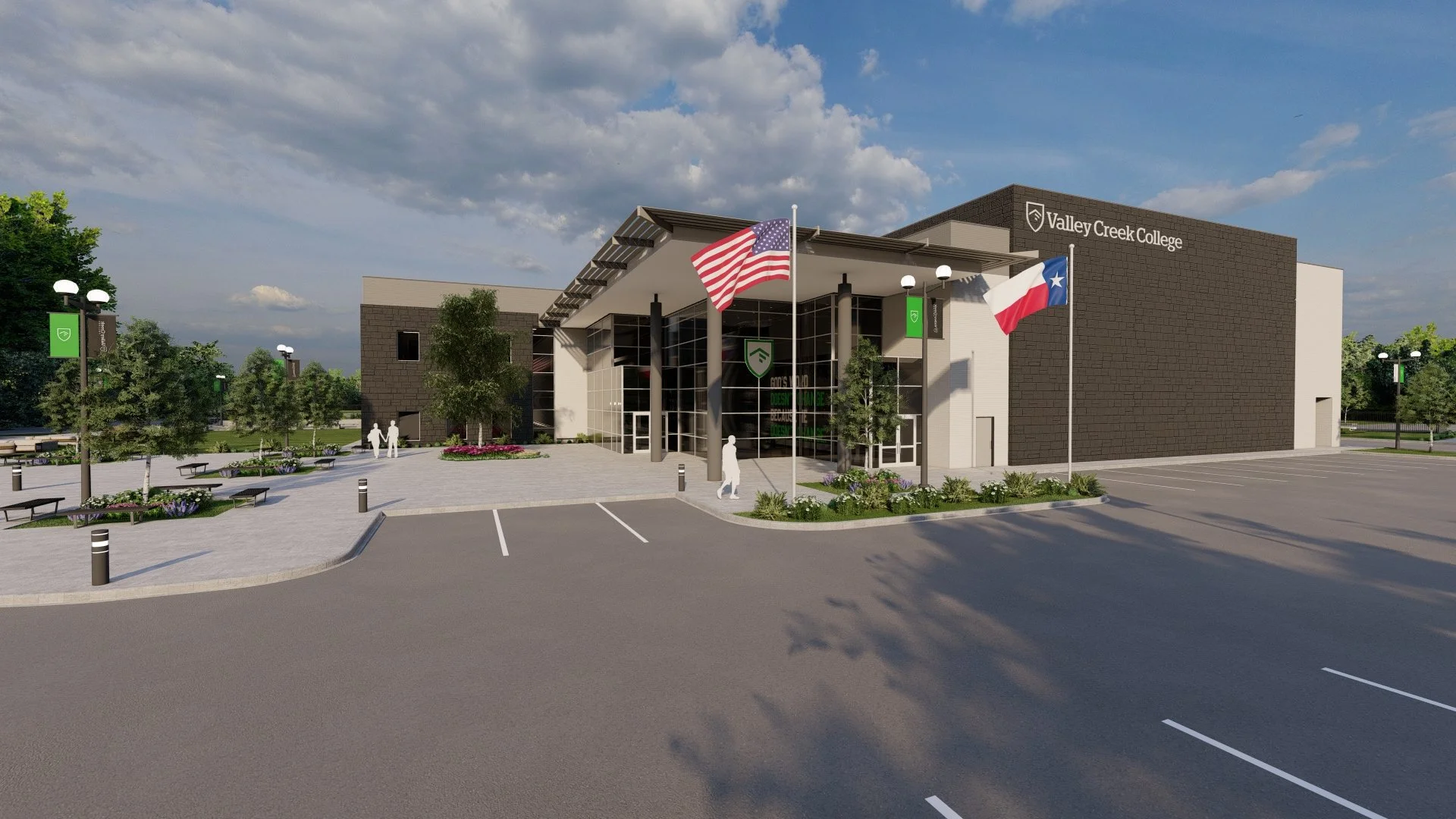 A modern building with the sign 'Valley Creek College' on the top right corner, featuring large glass windows, surrounded by landscaped greenery, with two flags (United States and Texas) flying outside, and a parking lot in the foreground.