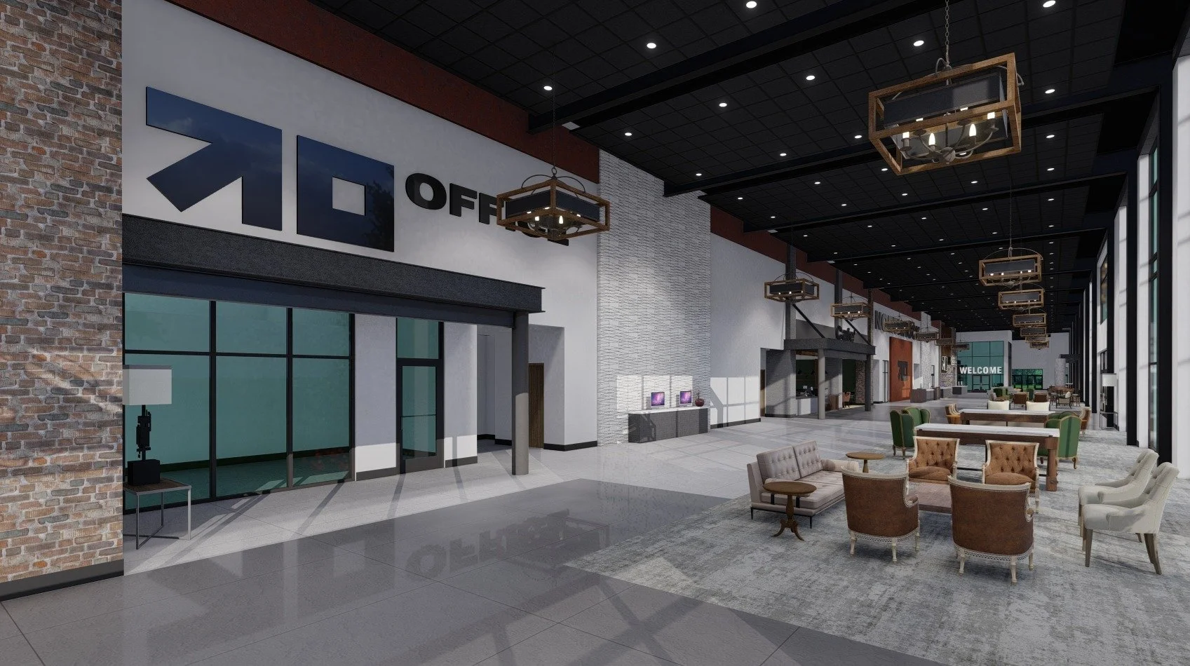 A spacious modern lobby with high ceilings, large windows, and contemporary furniture including armchairs and sofas. There are decorative hanging light fixtures, a reception desk in the background, and a welcome sign visible through glass doors. The walls feature a mix of exposed brick, textured white panels, and large signage.