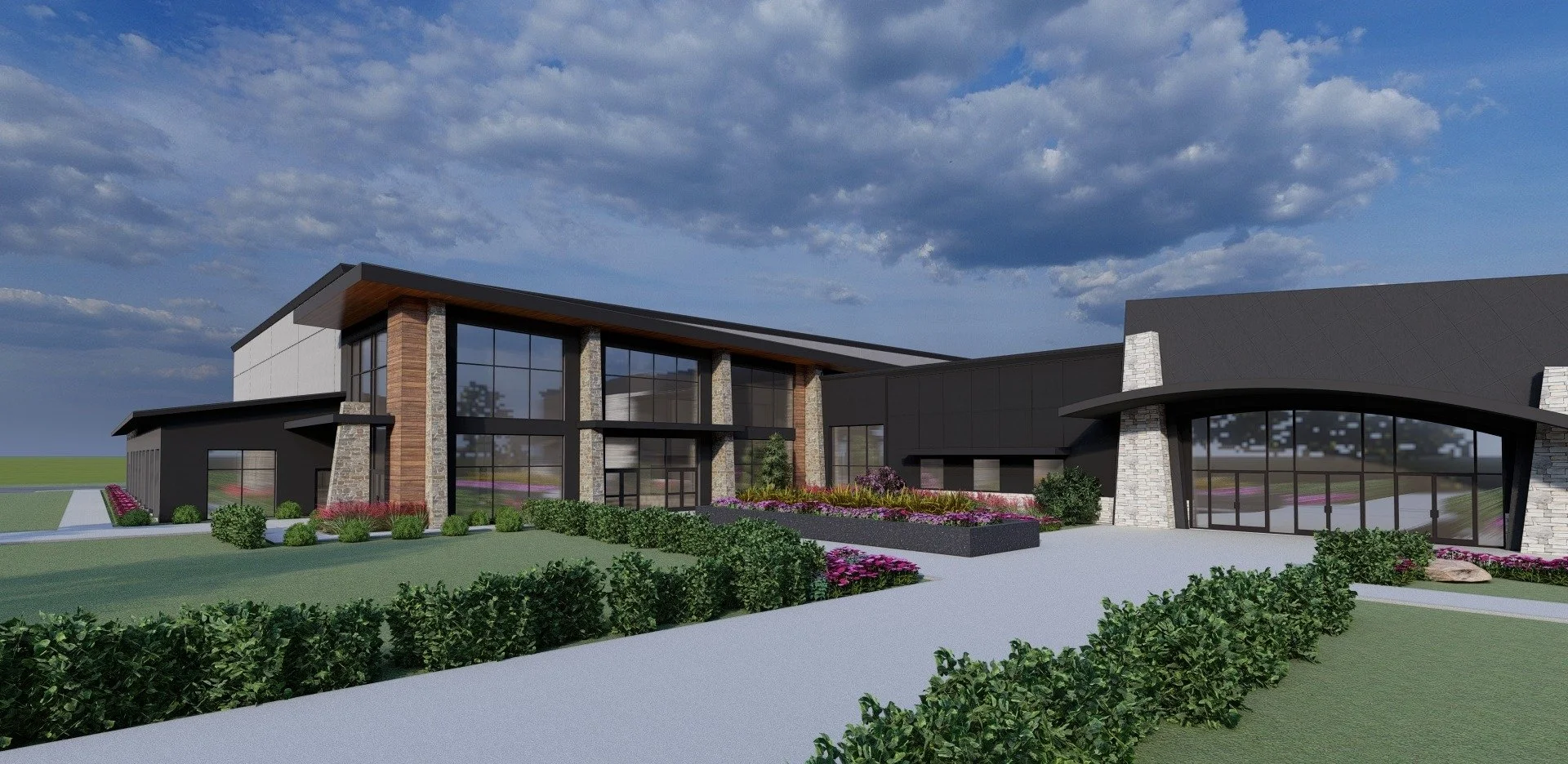Rendering of a modern building with large glass windows, brick and stone accents, surrounded by landscaped gardens and a paved walkway under a partly cloudy sky.
