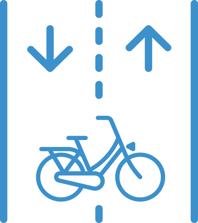 Bike lane divider with arrows indicating down and up directions for bicycles.