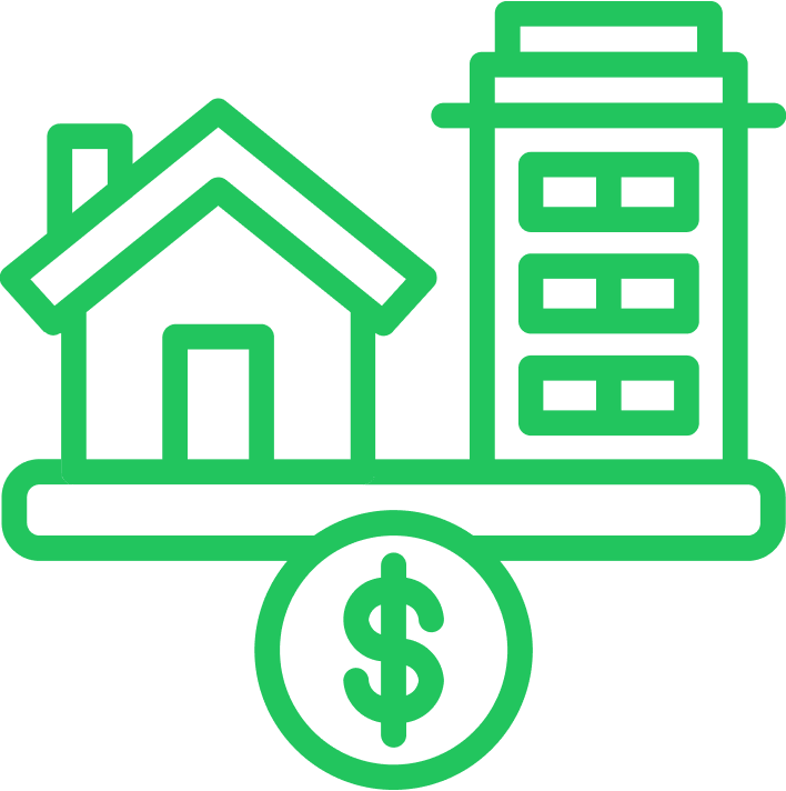 Green outline illustration of a house and a building on a platform with a dollar sign.
