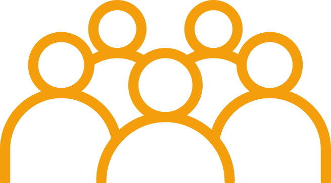 Icon of six orange outlined people arranged in a group.