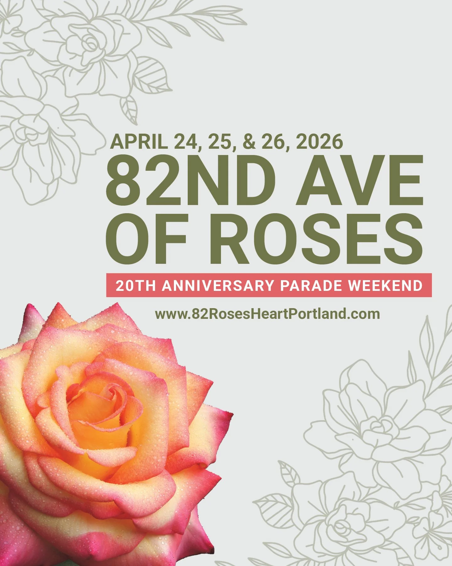 A poster for the 20th anniversary of the 82nd Avenue of Roses Parade, featuring a large, colorful rose with pink and yellow petals in the bottom left corner and floral line drawings in the background.