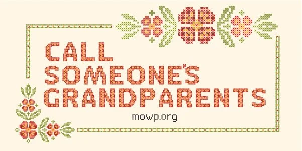 Cross-stitch style design with the text 'Call Someone's Grandparents' and floral embellishments at the top and bottom, along with the website 'mowp.org' underneath.