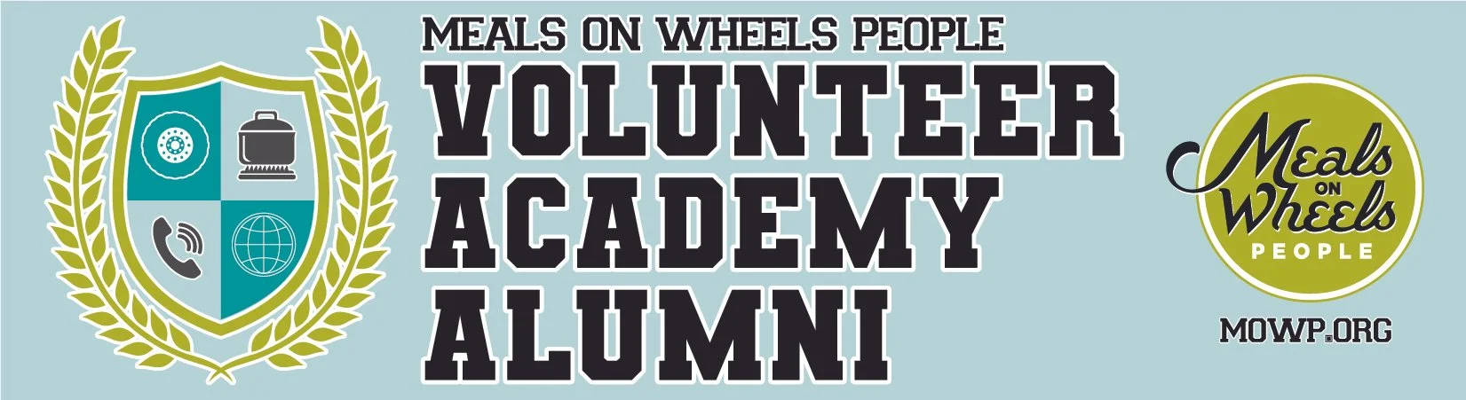 A bumper sticker for Meals on Wheels People "Volunteer Academy Alumni" featuring a crest with icons of a wheel, something cooking, phone, and internet globe, and text indicating the organization and website MOWP.org.