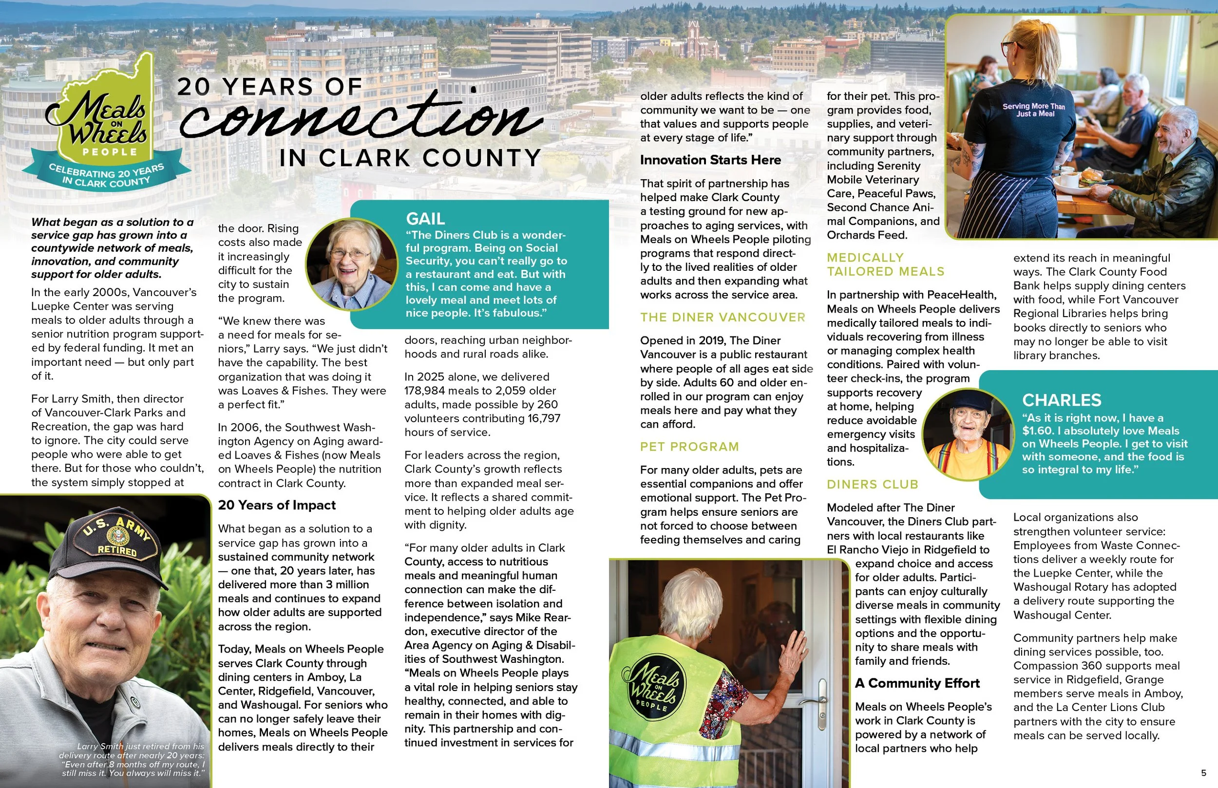 A community newsletter celebrating 20 years of Meals on Wheels People in Clark County. The page features a large heading, a photo of an older man with a caption about his retirement, and a photo of a woman in a vest receiving a meal while others are in the background at a community event.