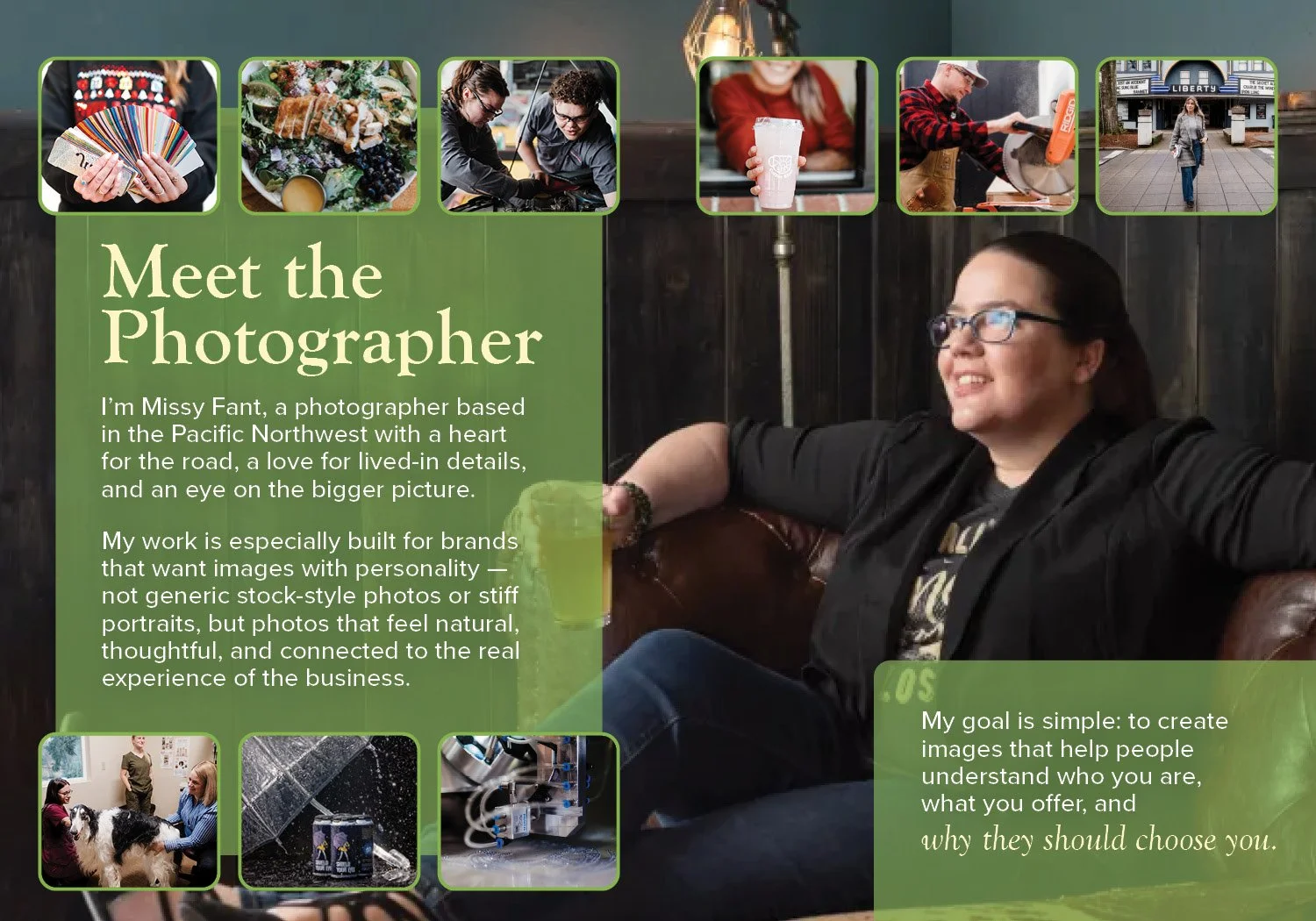 Photograph of Missy Fant sitting on a leather couch, smiling and with arms outstretched, in a cozy, dimly lit room. The image includes a green overlay with text introducing her as a photographer based in the Pacific Northwest, with a series of smaller images at the top and bottom showcasing various photography scenes and equipment.