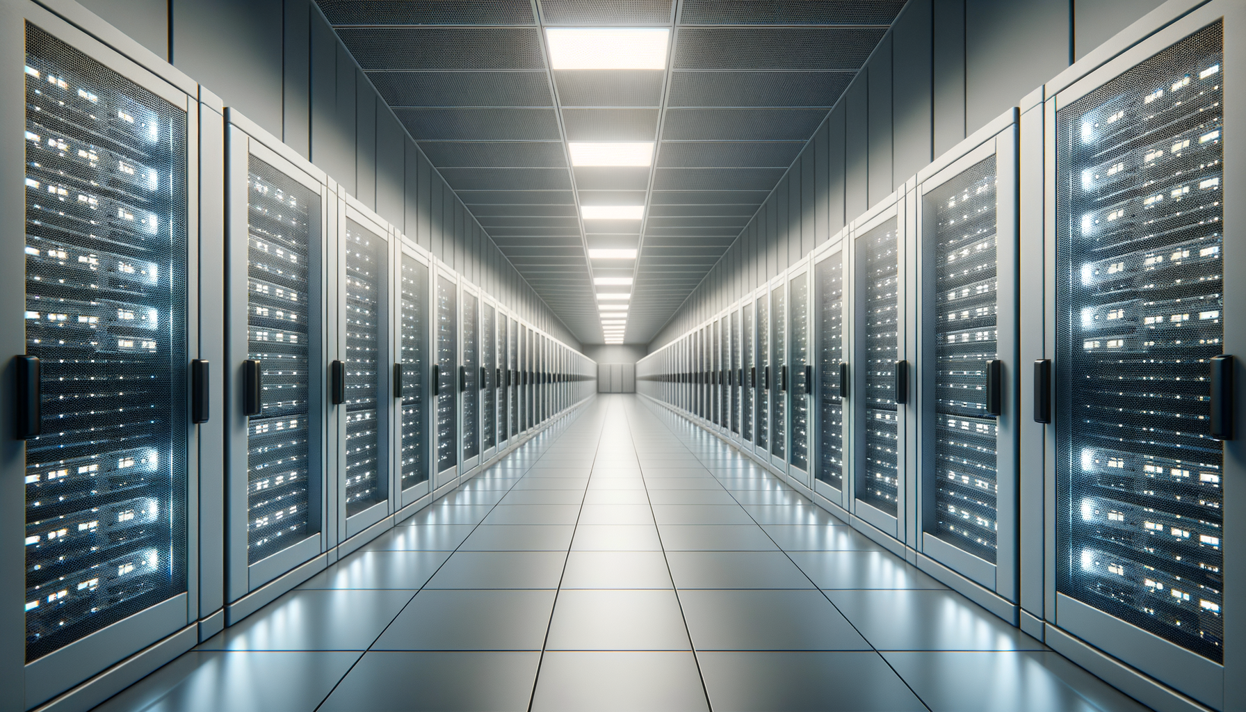 A long corridor of server racks in a data center with illuminated servers on each side and bright ceiling lights.