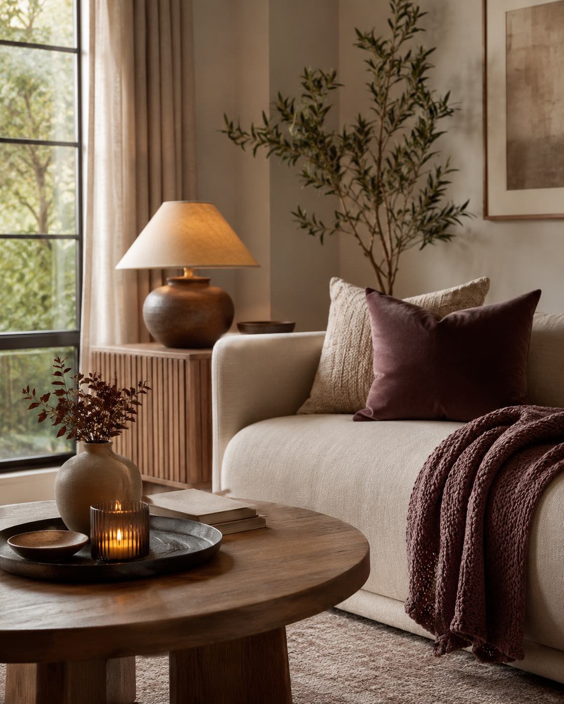 Living room with a coffee table, sofa with pillows, a lamp on a side table, a vase with flowers, and a large window with curtains, decorated in neutral tones.