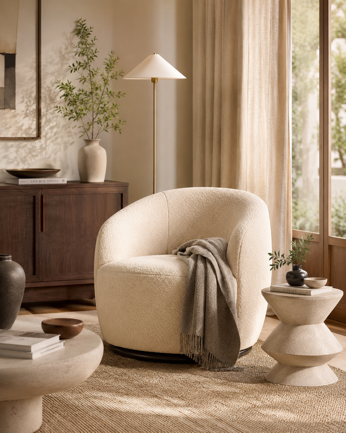 A cozy living room corner featuring a white, textured armchair with a gray throw blanket draped over it, next to a small stone side table with a black vase and greenery, and a wooden sideboard with a white vase and books. Light filters through beige curtains onto hardwood flooring and a patterned rug.