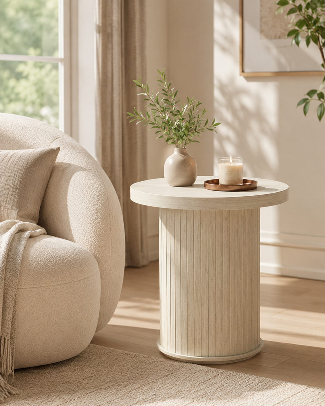 Living room corner with a beige plush sofa, a round cream-colored side table with vertical grooves, a green leafy plant in a white vase, and a lit candle on a tray, illuminated by natural sunlight.