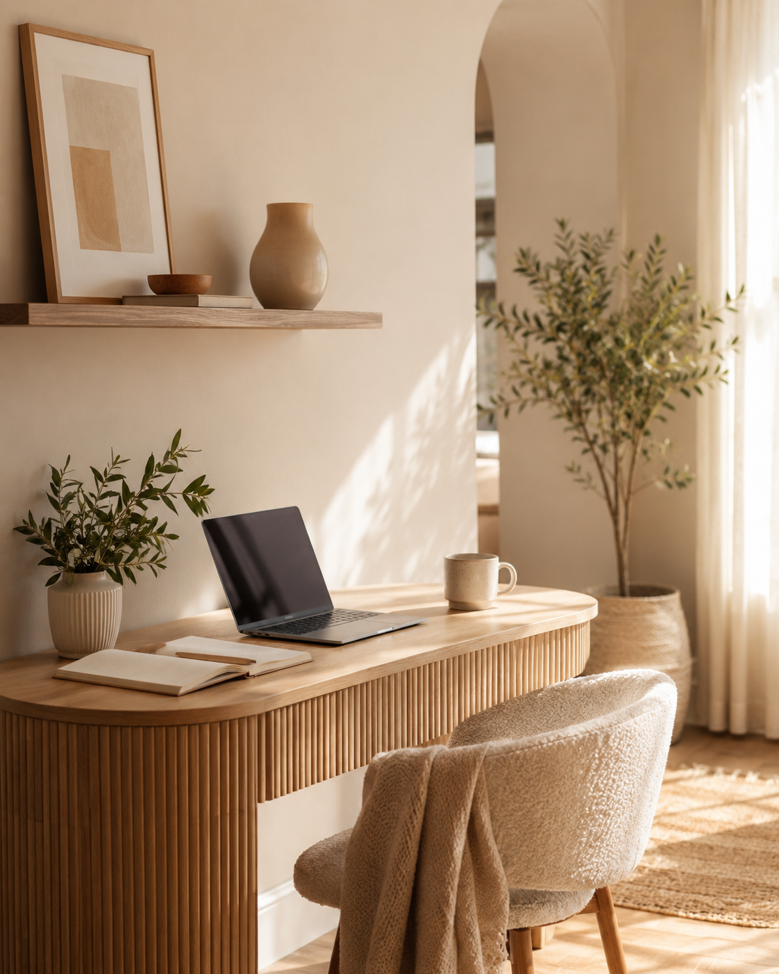 Home office with a wooden desk, open laptop, beige mug, potted plant, and chair, sunlight streaming through curtains, framed minimalist art and vases on a wall shelf, potted plant in corner, cozy, neutral-colored decor.