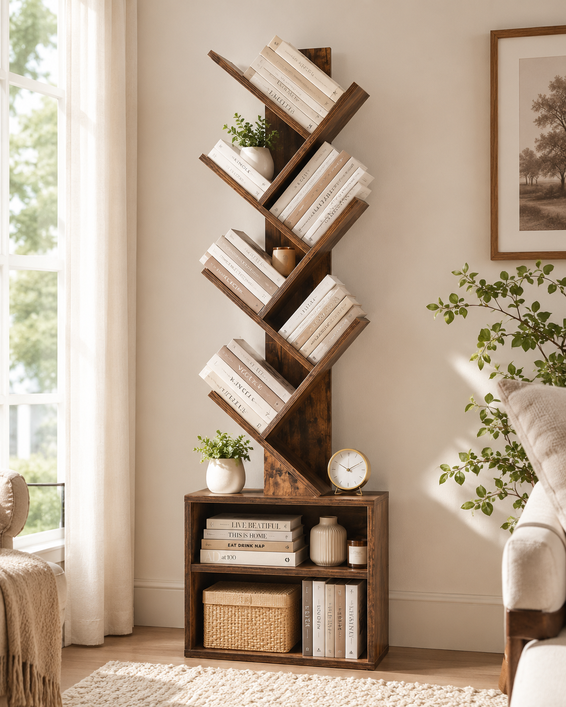 A wooden zigzag bookshelf with books and decorative items, placed against a white wall next to a window with sheer curtains.