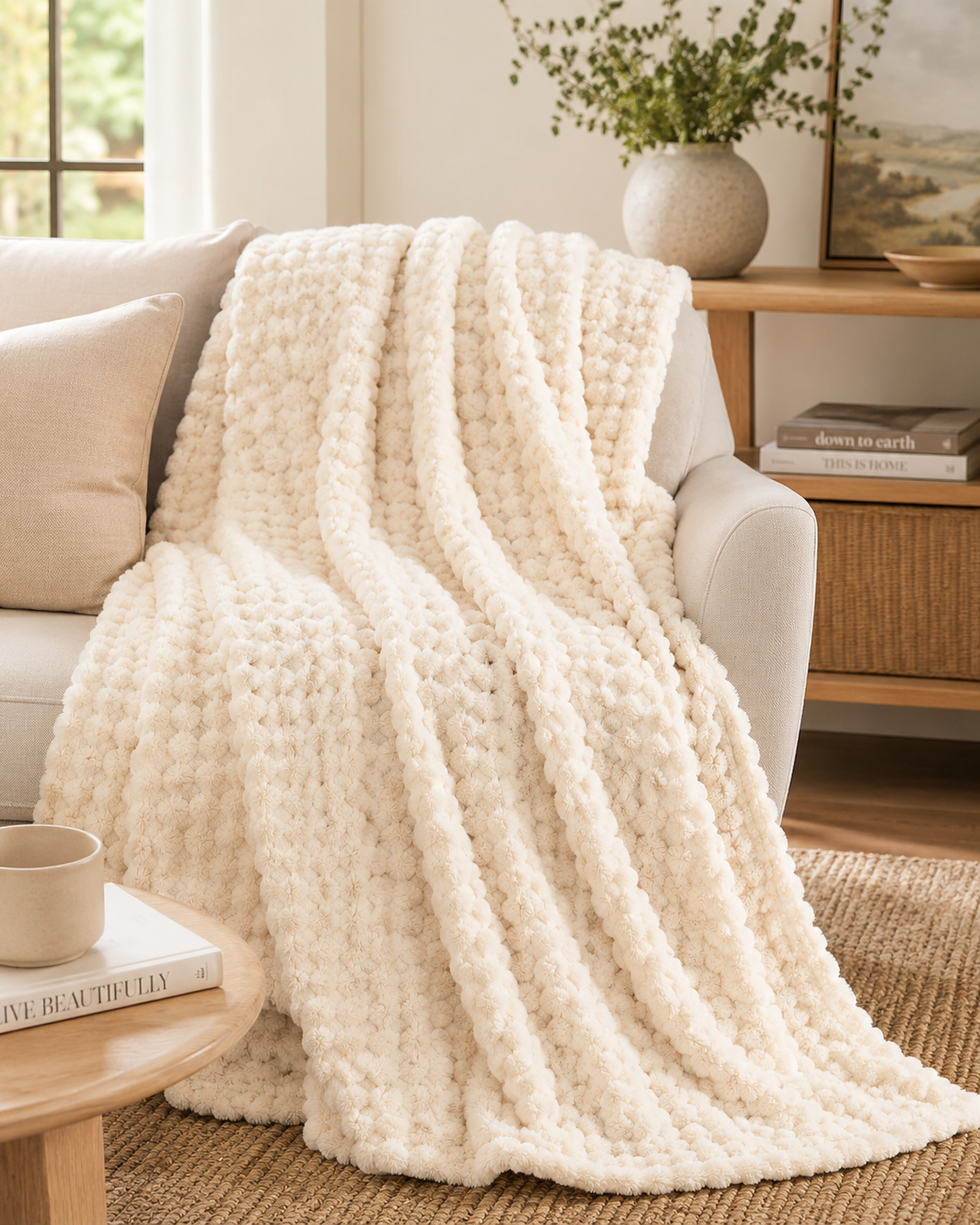 Cream textured blanket draped over a light-colored sofa in a cozy living room.