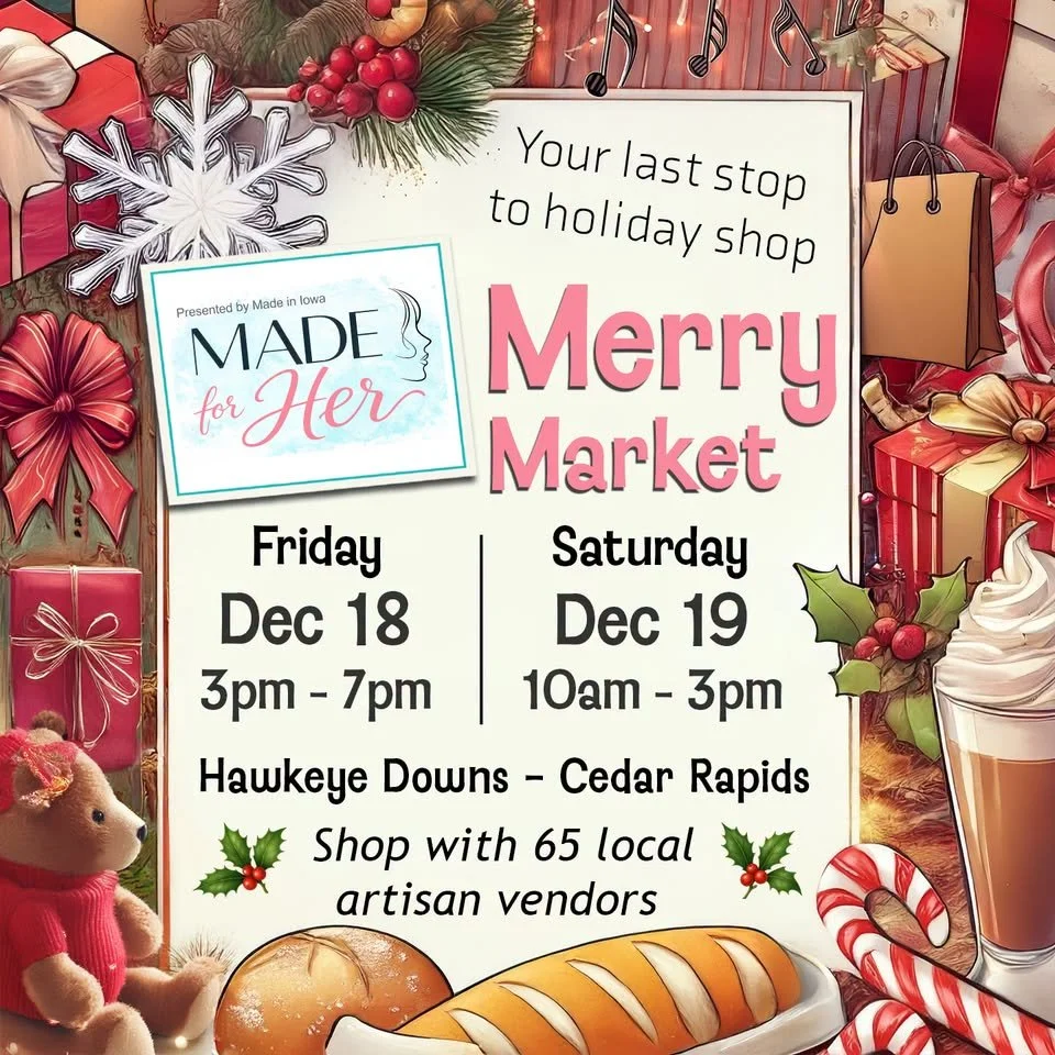 Christmas-themed festival poster for 'Merry Market,' a holiday shop event on December 18-19, 2023, in Hawkeye Downs, Cedar Rapids, with holiday decorations, gift boxes, a teddy bear, a gingerbread cookie, holly, and a peppermint candy cane.