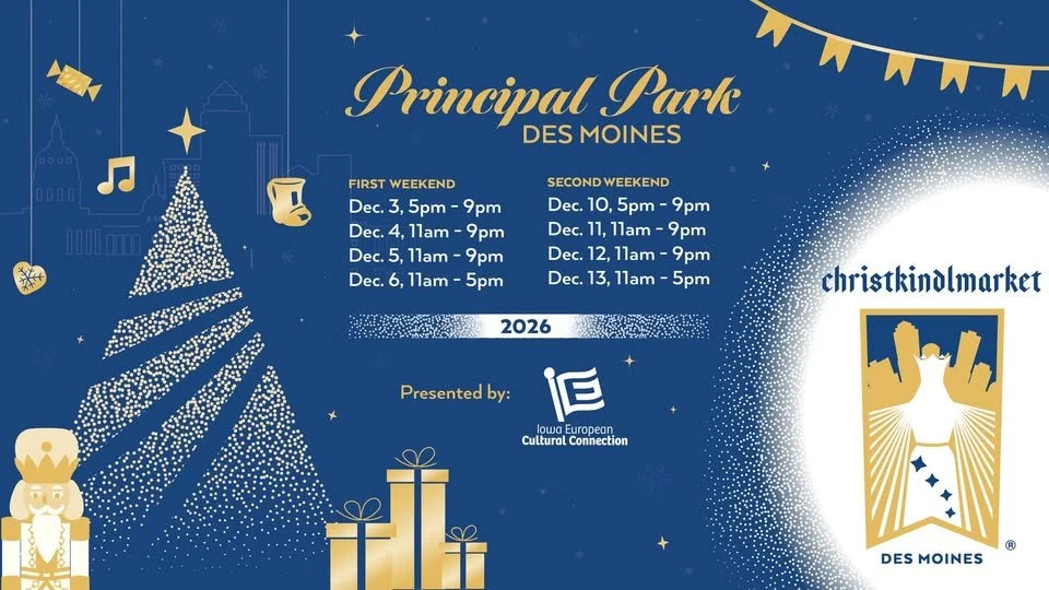 Christmas event poster for Principal Park in Des Moines, featuring a decorated Christmas tree, gift boxes, and holiday symbols. Details of the event dates and times for the first and second weekends of December 2026 are listed, along with logos and festive graphics.