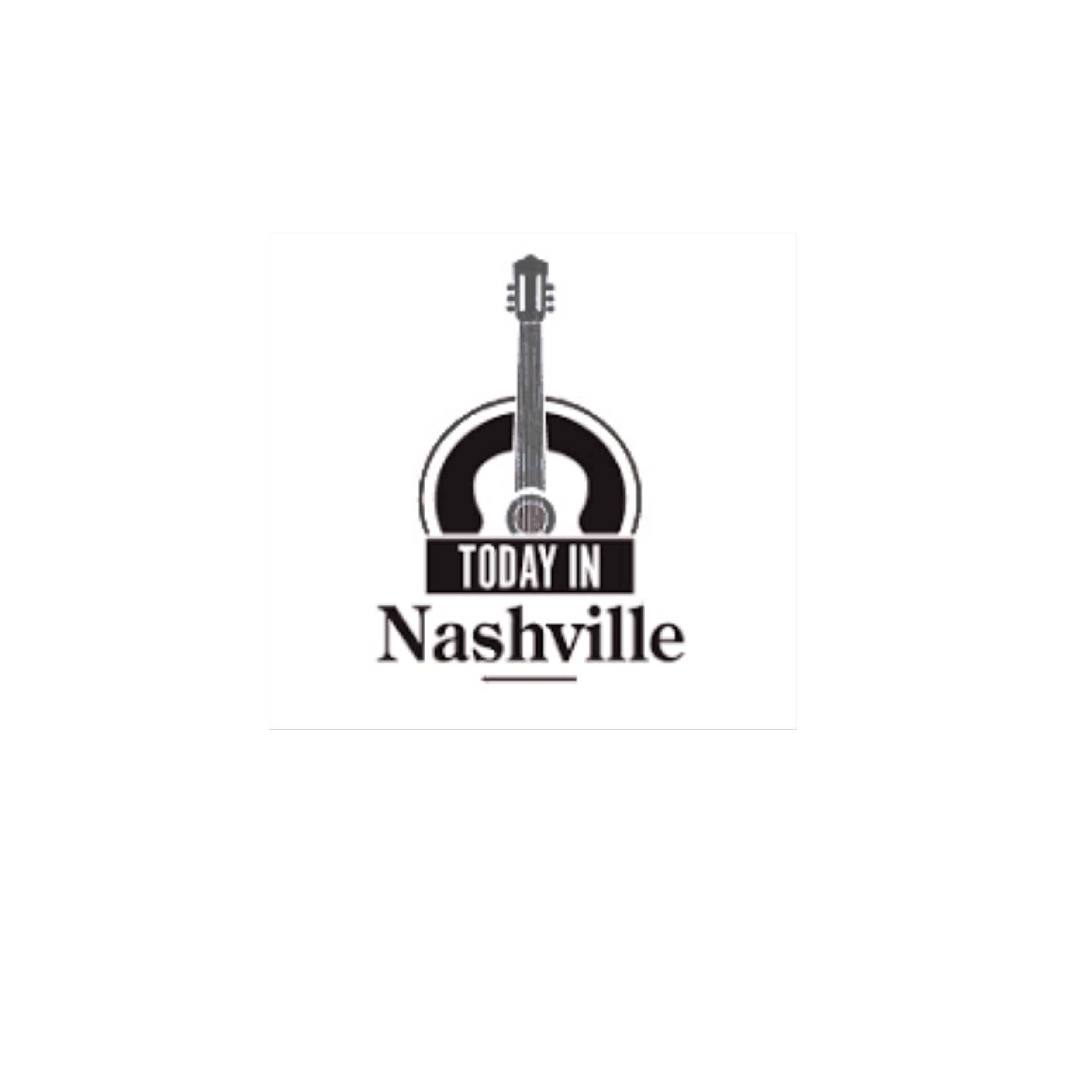 A black-and-white graphic featuring a guitar at the center with a target around it and the text "Today in Nashville" at the bottom.