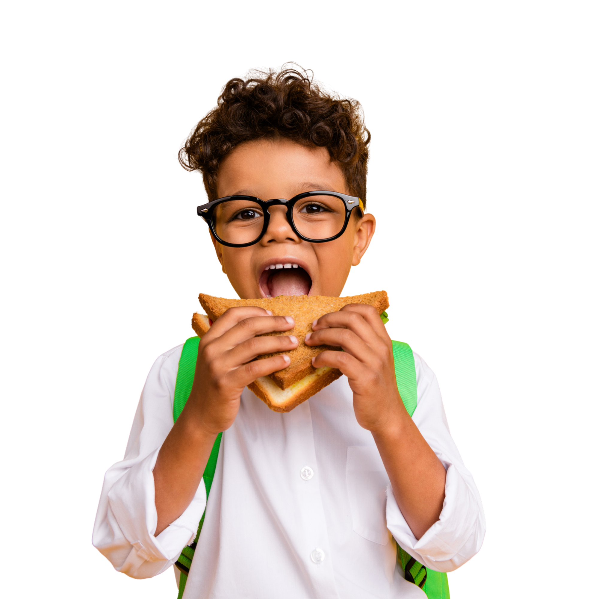 Child happily eating a sandwich after developing feeding skills and confidence.