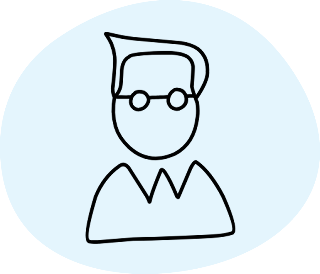 Simple line drawing of a person with glasses, spiky hair, and a collared shirt.